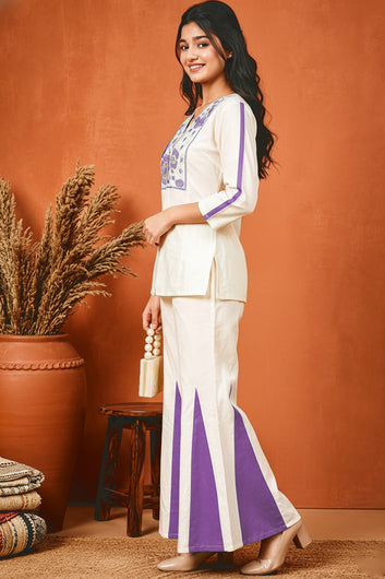 Girls Purple Cotton Embroidered Short Kurta And Kali Palazzo Set