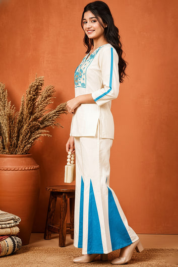 Girls Blue Cotton Embroidered Short Kurta And Kali Palazzo Set