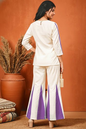 Girls Purple Cotton Embroidered Short Kurta And Kali Palazzo Set