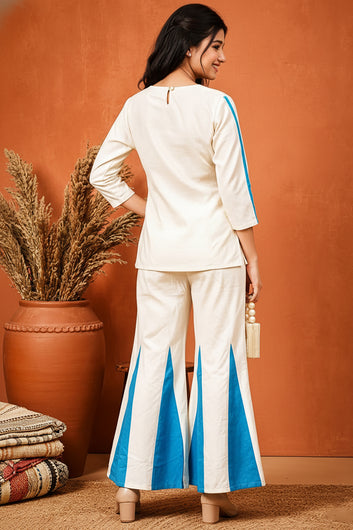Girls Blue Cotton Embroidered Short Kurta And Kali Palazzo Set