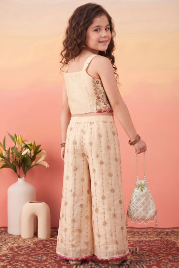 Girls Chickoo Silk Blend Embroidered Crop Top and Palazzo With Dupatta Set For Festive Outfit