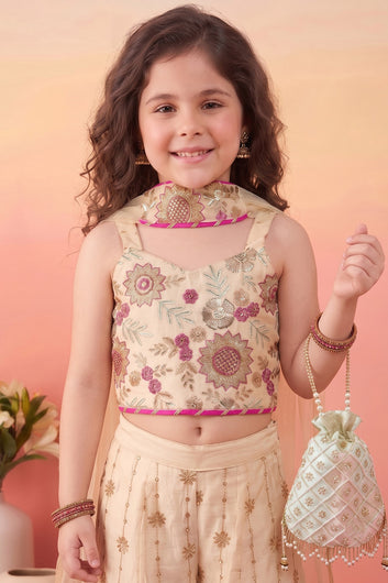 Girls Chickoo Silk Blend Embroidered Crop Top and Palazzo With Dupatta Set For Festive Outfit