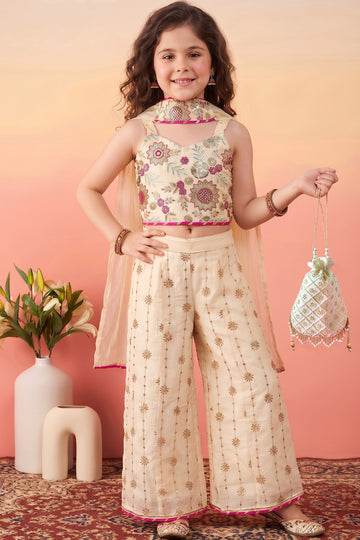 Girls Chickoo Silk Blend Embroidered Crop Top and Palazzo With Dupatta Set For Festive Outfit
