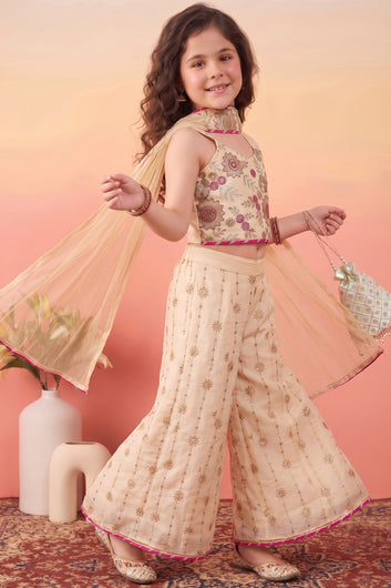 Girls Chickoo Silk Blend Embroidered Crop Top and Palazzo With Dupatta Set For Festive Outfit
