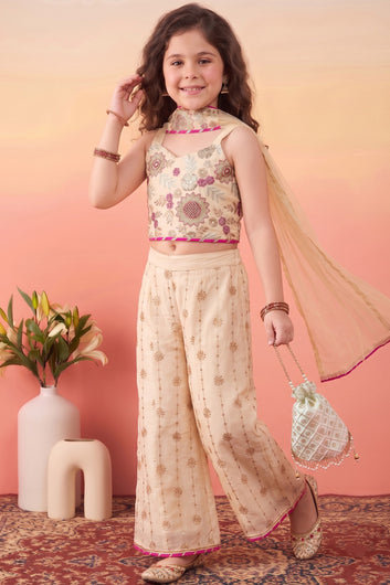 Girls Chickoo Silk Blend Embroidered Crop Top and Palazzo With Dupatta Set For Festive Outfit