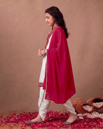 Girls Off White Roman Silk kurta Dhoti & Dupatta Set