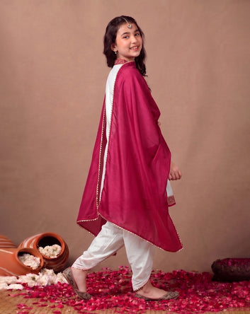 Girls Off White Roman Silk kurta Dhoti & Dupatta Set