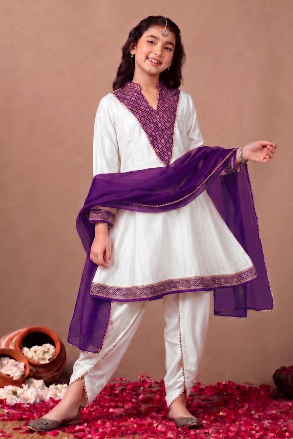 Girls Off White Roman Silk kurta Dhoti & Dupatta Set