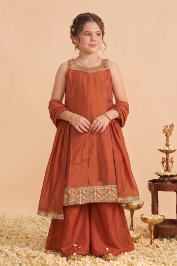 Girls Rust Silk Blend Embroidered Kurta and Palazzo With Dupatta Set For Traditional Look
