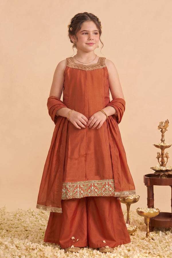 Girls Rust Silk Blend Embroidered Kurta and Palazzo With Dupatta Set For Traditional Look
