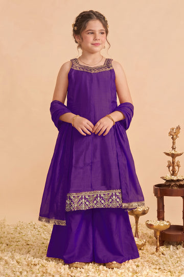 Girls Purple Silk Blend Embroidered Kurta and Palazzo Set For Festive Wear