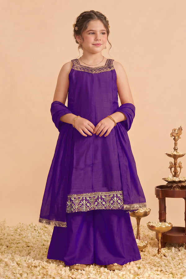 Girls Purple Silk Blend Embroidered Kurta and Palazzo Set For Festive Wear
