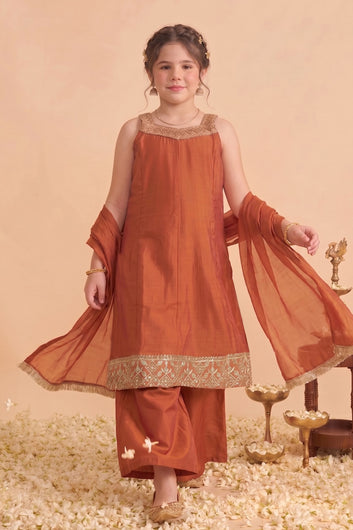 Girls Rust Silk Blend Embroidered Kurta and Palazzo With Dupatta Set For Traditional Look