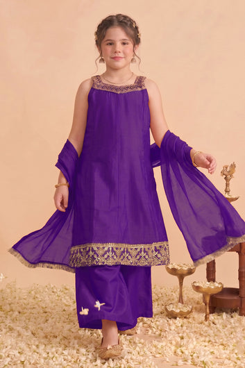 Girls Purple Silk Blend Embroidered Kurta and Palazzo Set For Festive Wear