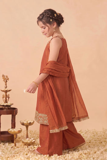 Girls Rust Silk Blend Embroidered Kurta and Palazzo With Dupatta Set For Traditional Look
