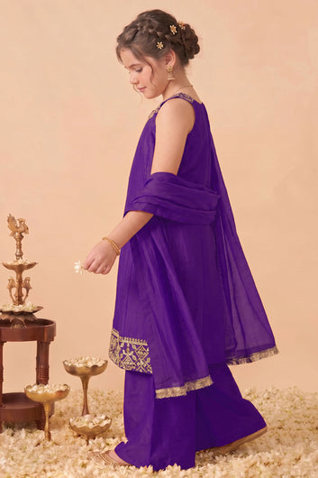 Girls Purple Silk Blend Embroidered Kurta and Palazzo Set For Festive Wear