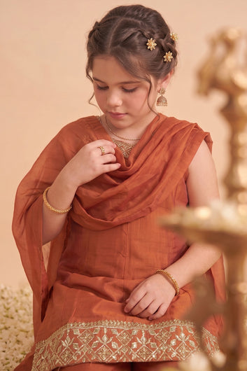 Girls Rust Silk Blend Embroidered Kurta and Palazzo With Dupatta Set For Traditional Look