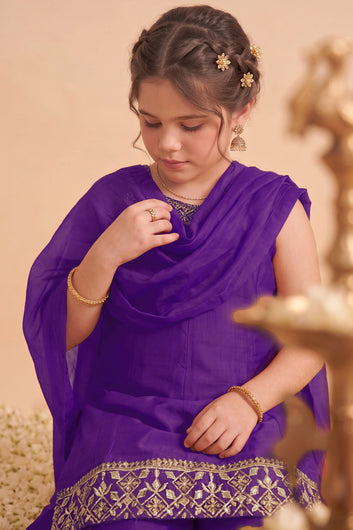 Girls Purple Silk Blend Embroidered Kurta and Palazzo Set For Festive Wear