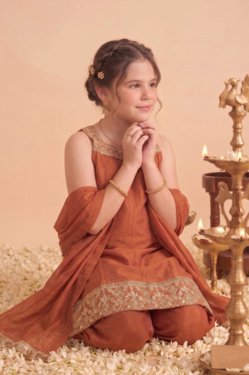 Girls Rust Silk Blend Embroidered Kurta and Palazzo With Dupatta Set For Traditional Look