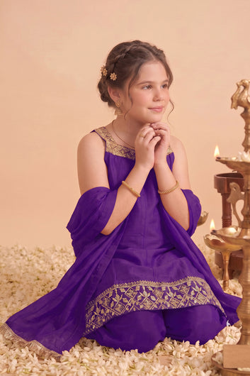 Girls Purple Silk Blend Embroidered Kurta and Palazzo Set For Festive Wear