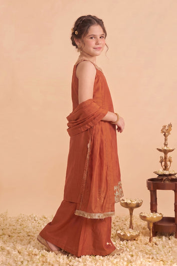 Girls Rust Silk Blend Embroidered Kurta and Palazzo With Dupatta Set For Traditional Look