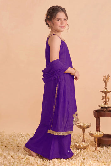 Girls Purple Silk Blend Embroidered Kurta and Palazzo Set For Festive Wear