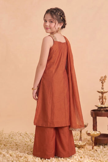 Girls Rust Silk Blend Embroidered Kurta and Palazzo With Dupatta Set For Traditional Look