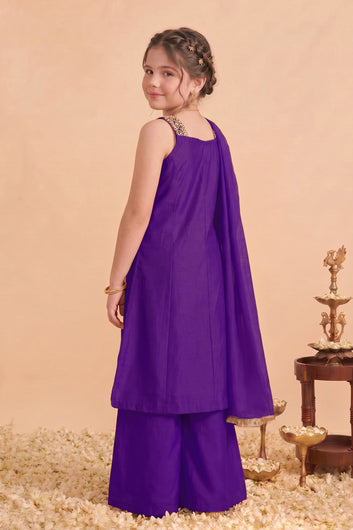 Girls Purple Silk Blend Embroidered Kurta and Palazzo Set For Festive Wear