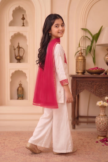 Girls Off White Roman Silk Embroidered Kurta Palazzo Dupatta Girls Ethnic Festive Wear Co Ord Set