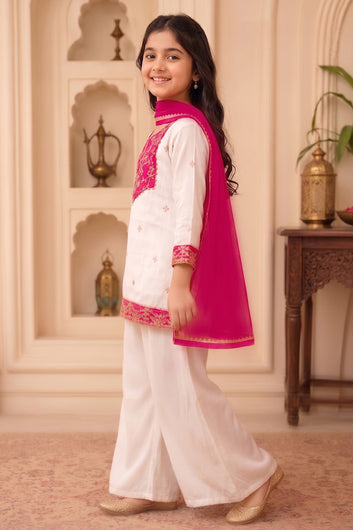 Girls Off White Roman Silk Embroidered Kurta Palazzo Dupatta Girls Ethnic Festive Wear Co Ord Set