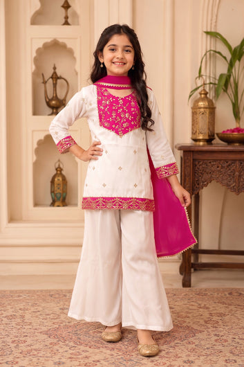 Girls Off White Roman Silk Embroidered Kurta Palazzo Dupatta Girls Ethnic Festive Wear Co Ord Set