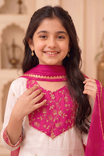 Girls Off White Roman Silk Embroidered Kurta Palazzo Dupatta Girls Ethnic Festive Wear Co Ord Set
