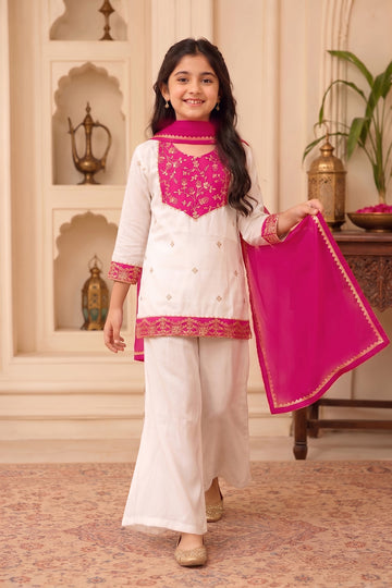 Girls Off White Roman Silk Embroidered Kurta Palazzo Dupatta Girls Ethnic Festive Wear Co Ord Set