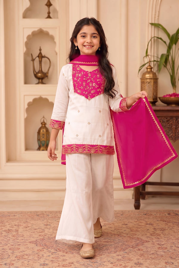 Girls Off White Roman Silk Embroidered Kurta Palazzo Dupatta Girls Ethnic Festive Wear Co Ord Set