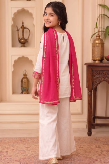 Girls Off White Roman Silk Embroidered Kurta Palazzo Dupatta Girls Ethnic Festive Wear Co Ord Set
