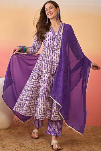 Women Purple Cotton Blend Geometric Print Kurta And Pant With Dupatta Set For Ethnic Outfit
