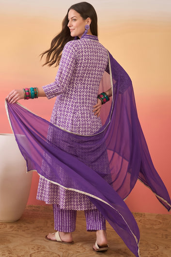 Women Purple Cotton Blend Geometric Print Kurta And Pant With Dupatta Set For Ethnic Outfit