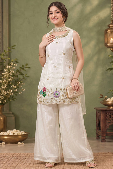 Girls Off White Silk Blend Floral Embroidered Kurta & Palazzo with Dupatta Set For Ethnic Set