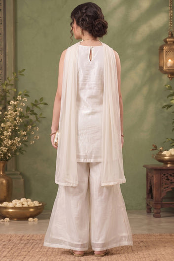 Girls Off White Silk Blend Floral Embroidered Kurta & Palazzo with Dupatta Set For Ethnic Set