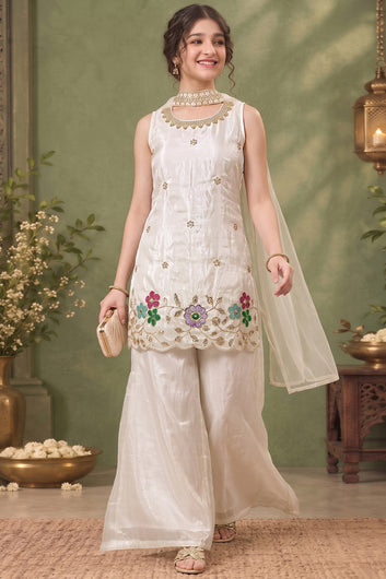 Girls Off White Silk Blend Floral Embroidered Kurta & Palazzo with Dupatta Set For Ethnic Set