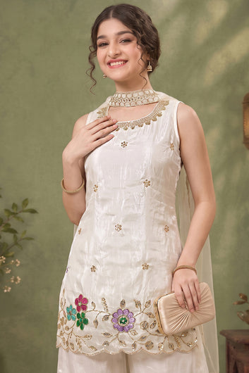 Girls Off White Silk Blend Floral Embroidered Kurta & Palazzo with Dupatta Set For Ethnic Set