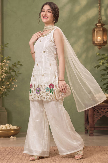 Girls Off White Silk Blend Floral Embroidered Kurta & Palazzo with Dupatta Set For Ethnic Set