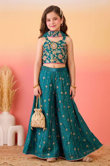 Girls Rama Silk Blend Embroidered Crop Top and Palazzo with Dupatta Set For Ethnic Look