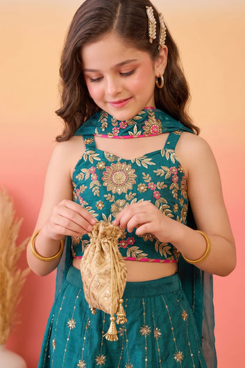 Girls Rama Silk Blend Embroidered Crop Top and Palazzo with Dupatta Set For Ethnic Look