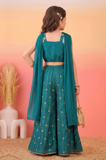 Girls Rama Silk Blend Embroidered Crop Top and Palazzo with Dupatta Set For Ethnic Look