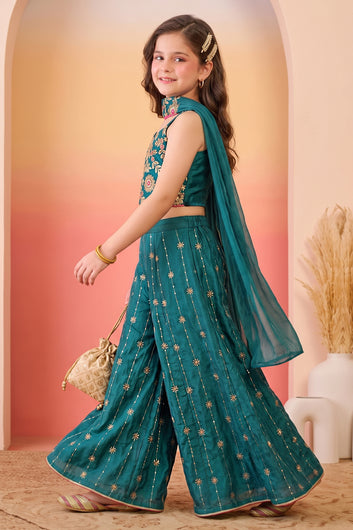 Girls Rama Silk Blend Embroidered Crop Top and Palazzo with Dupatta Set For Ethnic Look