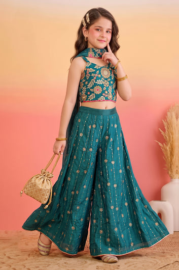 Girls Rama Silk Blend Embroidered Crop Top and Palazzo with Dupatta Set For Ethnic Look