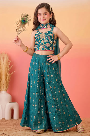 Girls Rama Silk Blend Embroidered Crop Top and Palazzo with Dupatta Set For Ethnic Look