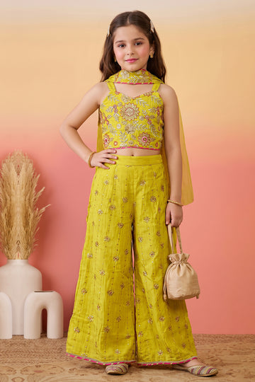 Girls Yellow Embroidered Crop Top and Palazzo With Dupatta Set Ethnic outfit for girls