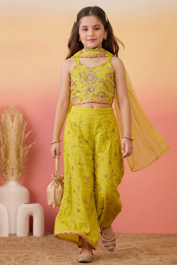 Girls Yellow Embroidered Crop Top and Palazzo With Dupatta Set Ethnic outfit for girls